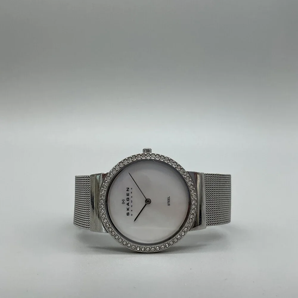 Skagen 641LSS Womens Watch 32mm MOP Dial Silver Tone Crystals Mesh New Battery